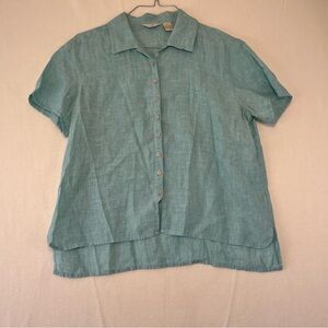 J Jill linen aqua button up short sleeve size small